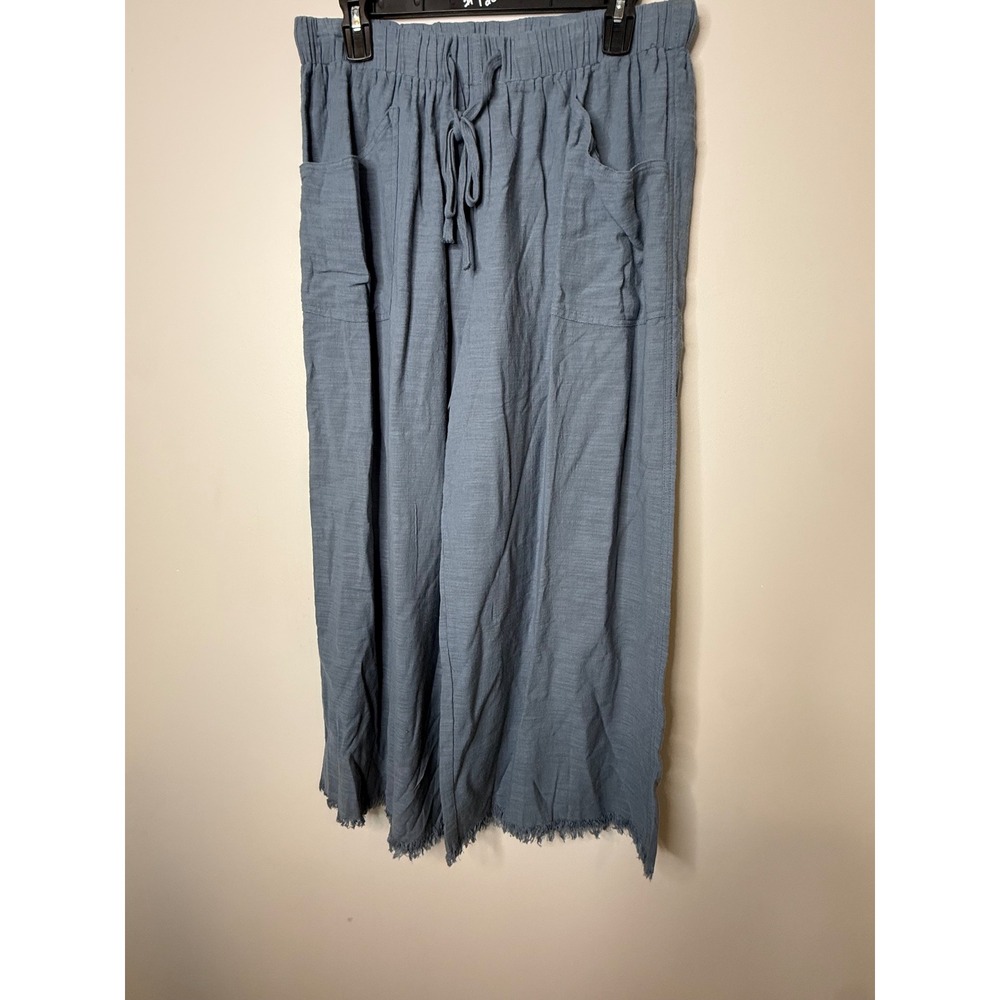 Gigio Plus Frayed Wide Leg Pants Blue Cotton Elastic Drawstring Waist XL - Picture 3 of 7